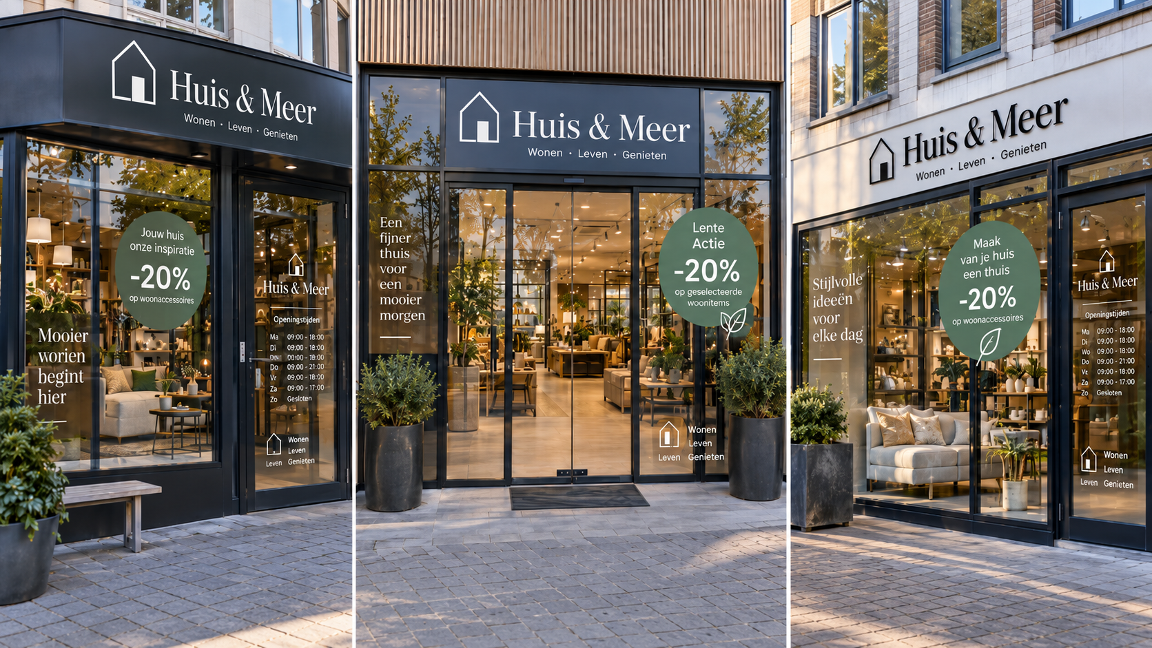 Dezelfde professionele raam-, deur- en actiestickers bij meerdere vestigingen van een fictieve retailorganisatie