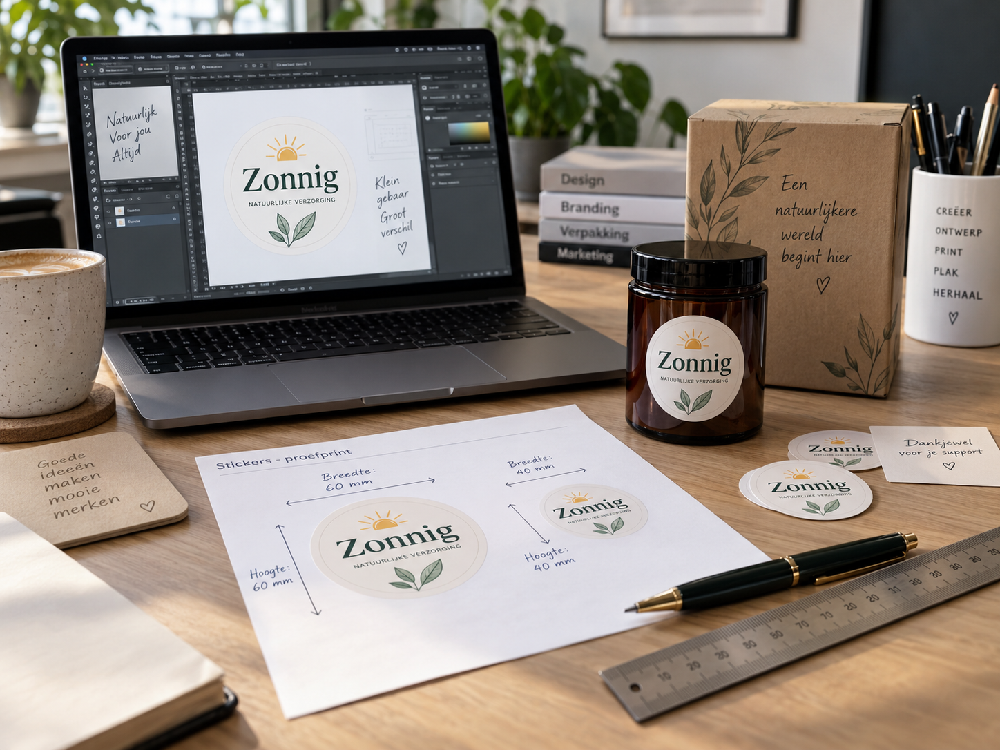 Professionele werkplek met laptop stickerontwerp geprinte proef maatvoering productverpakking en bestaande sticker