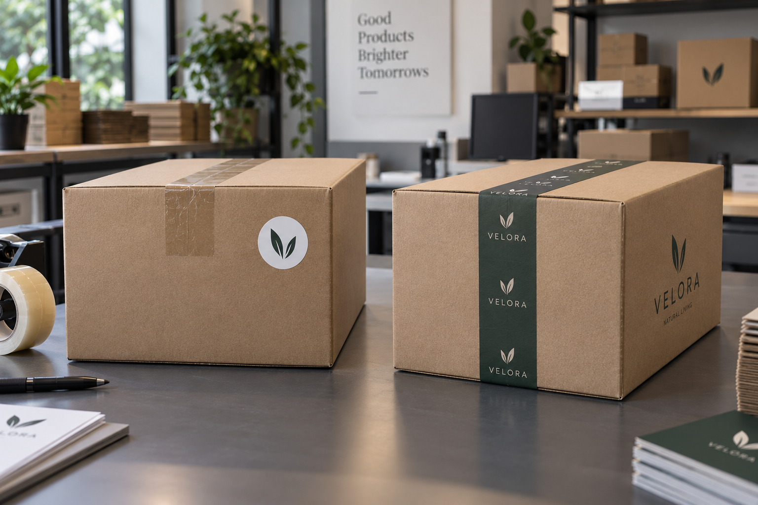 Zakelijke vergelijking tussen verzenddoos met neutrale tape en losse logosticker en verzenddoos met professioneel bedrukte tape