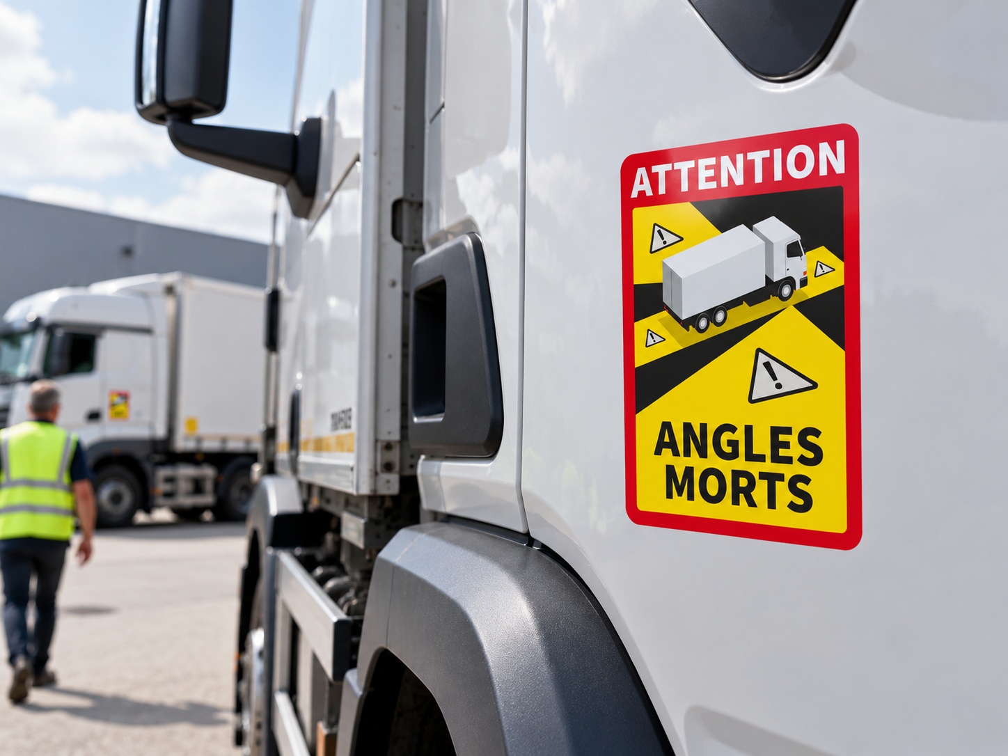 Europese Angles Morts dodehoeksticker toegepast op een professioneel transportvoertuig