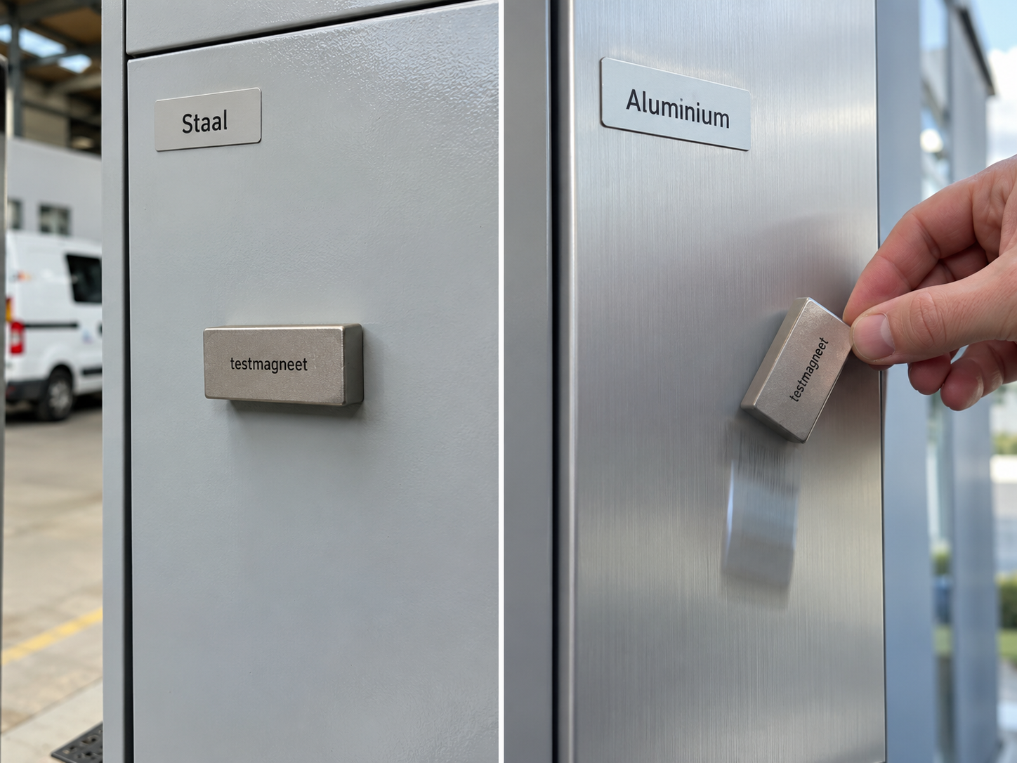 Fotografische vergelijking van staal en aluminium met een testmagneet om geschiktheid voor magneetstickers te controleren