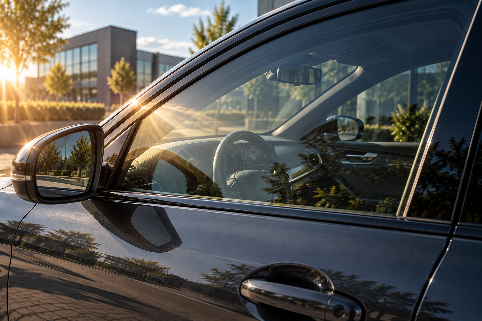 Voorportierruit van auto met direct zonlicht op de bestuurderszijde