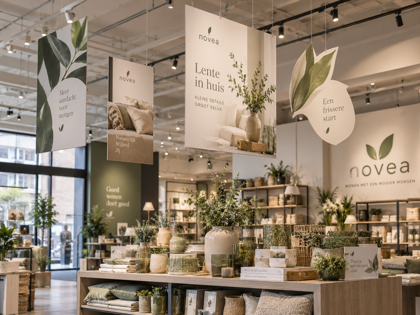 Professionele winkelvloer met bedrukt displaykarton naast een productpresentatie