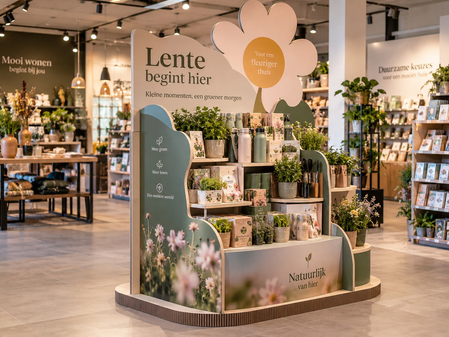 Grote vrijstaande Re-board presentatie in een moderne winkel