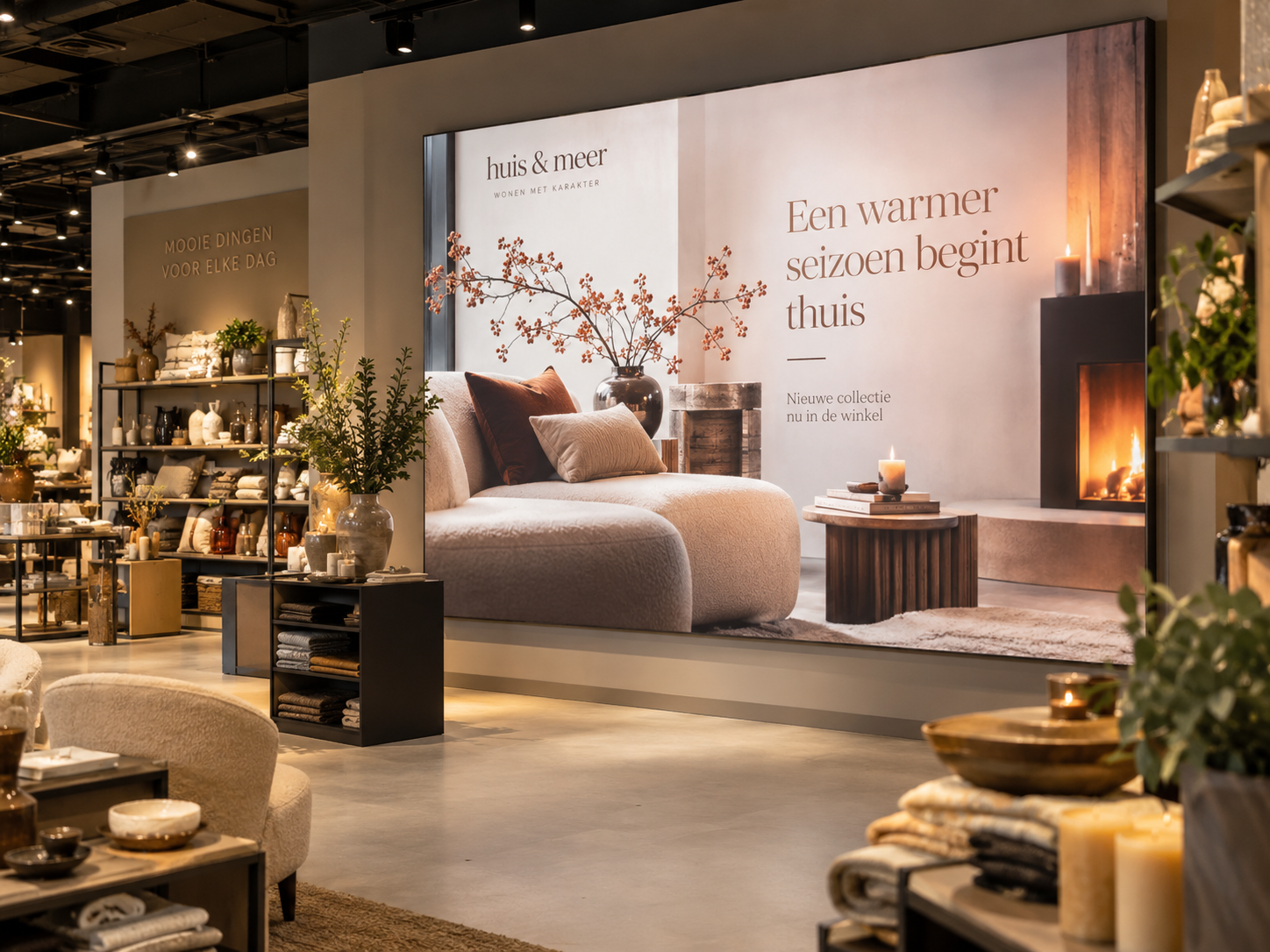 Moderne winkelwand met groot textielframe voor een wisselende retailcampagne