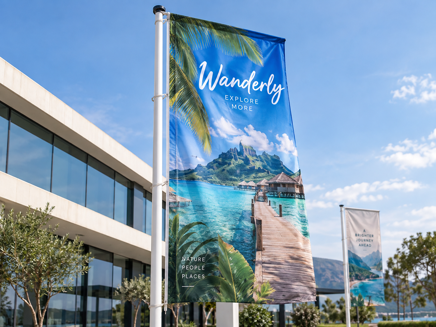 Digitaal bedrukte vlag met fotografie en kleurverlopen
